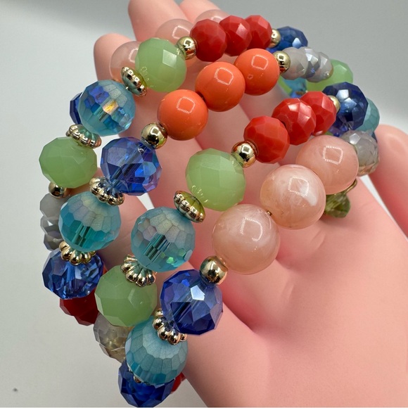 Multicolor Beaded Memory Wire Bracelet Crystal Glass Statement - Picture 6 of 7